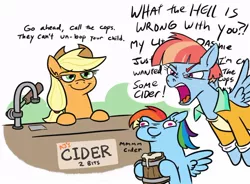 Size: 740x545 | Tagged: safe, artist:jargon scott, derpibooru import, applejack, rainbow dash, windy whistles, pegasus, pony, cider, cider dash, dented dash, dialogue, female, hoof hold, image, jpeg, karen, mare, mug, smiling, smug, trio, yelling