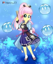 Size: 1691x2027 | Tagged: safe, artist:tabrony23, derpibooru import, fluttershy, equestria girls, beautiful, clothes, cosplay, costume, crossover, cute, dress, female, genshin impact, gloves, high res, image, kamisato ayaka, kamisato ayaka (genshin impact), looking at you, patreon, patreon logo, pigtails, png, sandals, shoes, show accurate, slimes (genshin impact), smiling, smiling at you, solo, solo female, video game crossover