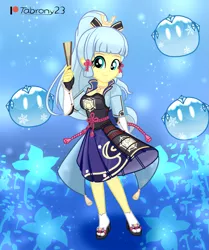 Size: 1691x2027 | Tagged: safe, alternate version, artist:tabrony23, derpibooru import, fluttershy, equestria girls, beautiful, clothes, cosplay, costume, crossover, cute, dress, female, genshin impact, gloves, high res, image, kamisato ayaka, kamisato ayaka (genshin impact), looking at you, patreon, patreon logo, png, sandals, shoes, show accurate, slimes (genshin impact), smiling, smiling at you, solo, solo female, video game crossover