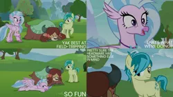 Size: 1280x720 | Tagged: safe, derpibooru import, edit, edited screencap, editor:quoterific, screencap, sandbar, silverstream, yona, classical hippogriff, earth pony, hippogriff, pony, yak, non-compete clause, season 8, spoiler:s08, ^^, cute, diastreamies, eyes closed, female, image, jpeg, male, open mouth, open smile, smiling, stallion, text, trio, yonadorable