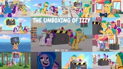 Size: 1280x722 | Tagged: safe, derpibooru import, edit, edited screencap, editor:quoterific, screencap, hitch trailblazer, izzy moonbow, pipp petals, sunny starscout, zipp storm, earth pony, pegasus, pony, unicorn, my little pony: tell your tale, the unboxing of izzy, spoiler:g5, spoiler:my little pony: tell your tale, spoiler:tyts01e06, adorazipp, biting, book, cute, eyes closed, female, g5, image, lip bite, male, mane five (g5), mare, open mouth, open smile, png, smiling, stallion, text