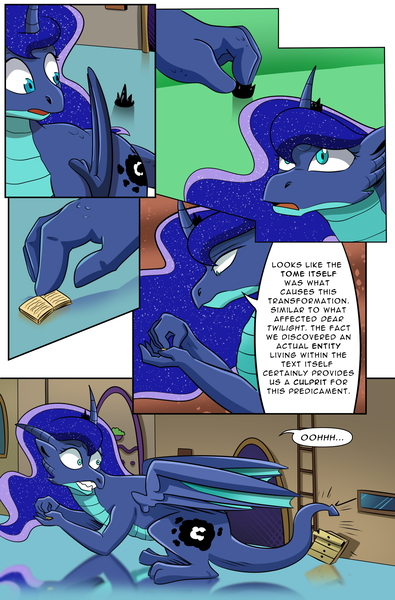 Size: 1800x2736 | Tagged: safe, artist:candyclumsy, author:bigonionbean, derpibooru import, princess luna, dragon, comic:luna's cronenberg, accident, book, canterlot, canterlot castle, claws, comic, commissioner:bigonionbean, crown, cutie mark, dragoness, dragonified, dresser, ethereal mane, female, furniture, horn, image, jewelry, lunadragon, magic, monochrome, png, regalia, scales, shocked, species swap, surprised, tail, tail whip, talking to herself, wings