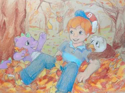 Size: 1067x800 | Tagged: safe, artist:daintysweetheart, derpibooru import, danny williams, spike (g1), bird, dragon, eagle, human, autumn, commission, g1, image, jpeg, leaves, traditional art, trio, weston