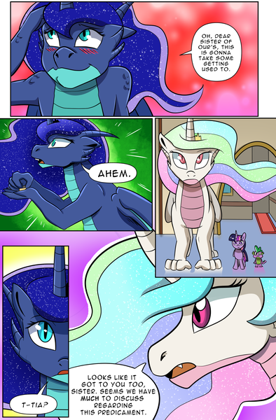 Size: 1800x2740 | Tagged: safe, artist:candyclumsy, author:bigonionbean, derpibooru import, princess celestia, princess luna, spike, twilight sparkle, twilight sparkle (alicorn), alicorn, dragon, pony, comic:luna's cronenberg, accident, alicorn princess, blushing, book, canterlot, canterlot castle, claws, comic, commissioner:bigonionbean, crown, cutie mark, dragoness, dragonified, dragonlestia, dresser, embarrassed, ethereal mane, female, furniture, horn, image, jewelry, lunadragon, magic, mare, monochrome, png, regalia, scales, shocked, species swap, surprised, tail, tail whip, talking to herself, wings