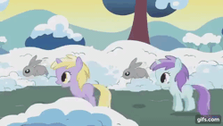 Size: 640x360 | Tagged: safe, derpibooru import, screencap, dinky hooves, liza doolots, petunia, tootsie flute, pony, rabbit, unicorn, season 1, winter wrap up, animal, animated, clothes, duo, eyes closed, female, filly, foal, gif, gifs.com, image, jumping, open clothes, snow, tree