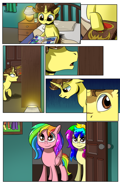 Size: 1800x2740 | Tagged: safe, artist:candyclumsy, author:bigonionbean, derpibooru import, oc, oc:candy clumsy, oc:rainbow tashie, oc:tommy the human, alicorn, earth pony, pegasus, pony, comic:luna's cronenberg, bedroom, book, boop, canterlot, canterlot castle, child, colt, comic, commissioner:bigonionbean, cutie mark, door, dresser, earth pony oc, female, foal, furniture, horn, image, lamp, male, mare, monochrome, pegasus oc, picture, picture frame, png, reading, surprised, wings