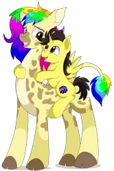 Size: 5700x8600 | Tagged: safe, artist:rainbowtashie, author:bigonionbean, derpibooru import, oc, oc:rainbow tashie, oc:tommy the human, unofficial characters only, alicorn, giraffe, insect, pony, absurd resolution, alicorn oc, child, colt, commissioner:bigonionbean, cutie mark, duo, duo male and female, female, foal, giraffied, happy, horn, image, looking at someone, male, mare, missing cutie mark, open mouth, png, riding, shadow, simple background, sitting, species swap, transparent background, wings