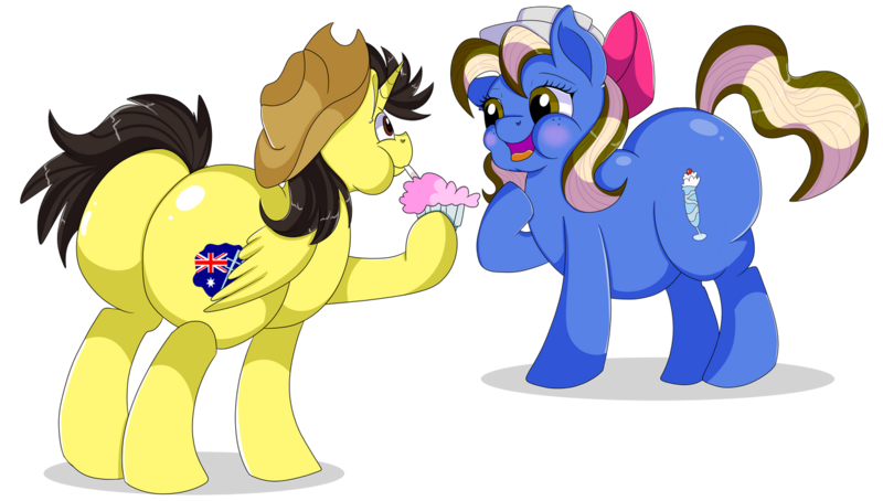 Size: 1280x726 | Tagged: safe, artist:rainbowtashie, author:bigonionbean, derpibooru import, oc, oc:tommy the human, unofficial characters only, alicorn, earth pony, pony, absurd resolution, alicorn oc, australia, australian, bow, butt, chonk, chubby, commissioner:bigonionbean, cutie mark, dessert, duo, duo male and female, earth pony oc, extra thicc, fat, female, flank, freckles, hair bow, hat, horn, image, large butt, looking at someone, male, mare, open mouth, plot, png, shadow, simple background, stallion, transparent background, wings