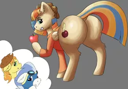 Size: 4000x2780 | Tagged: safe, artist:shaliwolf, author:bigonionbean, derpibooru import, braeburn, wind waker (character), oc, oc:spicy cider, earth pony, pegasus, pony, butt, clothes, commission, commissioner:bigonionbean, cowboy hat, dock, embarrassed, extra thicc, flank, fusion, fusion:spicy cider, hat, horn, image, jumpsuit, large butt, looking at you, looking back, looking back at you, male, plot, png, sitting, stallion, stetson, tail, the ass was fat, thought bubble