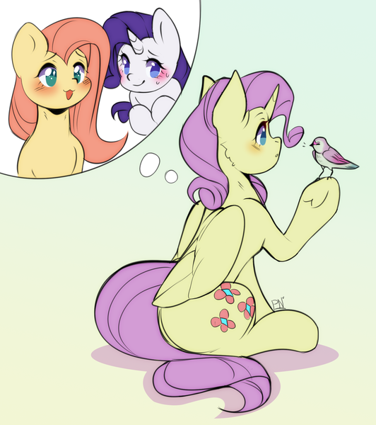 Size: 1690x1905 | Tagged: safe, artist:pledus, author:bigonionbean, derpibooru import, fluttershy, rarity, oc, oc:charitable nature, bird, pegasus, pony, unicorn, angry, blushing, commissioner:bigonionbean, cutie mark, female, flank, fusion, fusion:charitable nature, giggling, horn, image, mare, not an alicorn, png, ribbon, shocked, shy, thought bubble, timid, wings