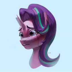 Size: 3000x3000 | Tagged: safe, artist:annna markarova, derpibooru import, starlight glimmer, pony, unicorn, bust, crying, eyebrows, image, jpeg, light blue background, portrait, sequins, simple background, solo, tears of pain, teary eyes