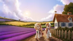 Size: 2880x1620 | Tagged: safe, artist:inowiseei, derpibooru import, oc, oc:coco, oc:leona, unofficial characters only, pegasus, pony, unicorn, female, fence, field, house, image, mare, png, scenery, sky, sun, windmill
