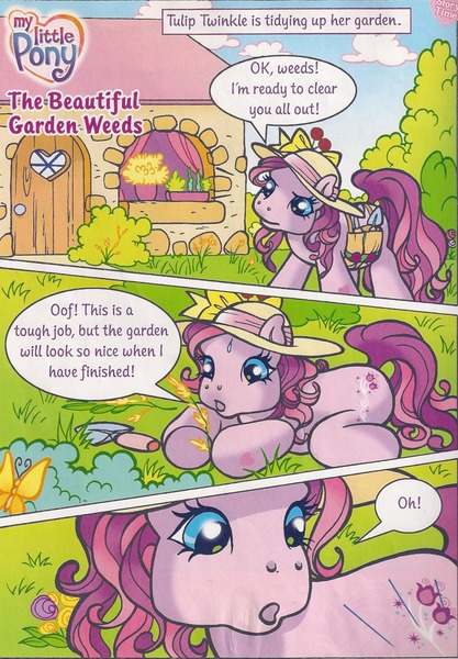 Size: 1280x1843 | Tagged: safe, artist:heckyeahponyscans, derpibooru import, official, tulip twinkle, bow, flower, g3, garden, gardening, hat, house, image, jpeg, official comic, the beautiful garden weeds, weeds