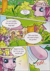 Size: 1280x1843 | Tagged: safe, artist:heckyeahponyscans, derpibooru import, official, tulip twinkle, bow, determined, flower, g3, garden, hat, house, image, jpeg, official comic, the beautiful garden weeds, weeds