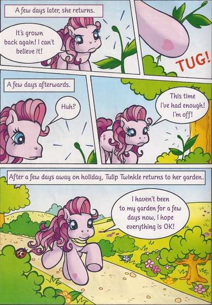 Size: 1280x1840 | Tagged: safe, artist:heckyeahponyscans, derpibooru import, official, tulip twinkle, annoyed, clothes, g3, garden, image, jpeg, official comic, path, scarf, the beautiful garden weeds, weeds