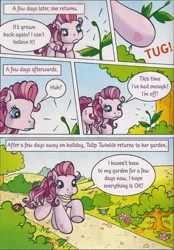 Size: 1280x1840 | Tagged: safe, artist:heckyeahponyscans, derpibooru import, official, tulip twinkle, annoyed, clothes, g3, garden, image, jpeg, official comic, path, scarf, the beautiful garden weeds, weeds