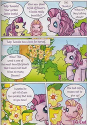 Size: 1280x1834 | Tagged: safe, artist:heckyeahponyscans, derpibooru import, official, apple spice, cupcake (g3), tulip twinkle, bow, flower bush, g3, garden, hair bow, image, jpeg, official comic, one eye closed, surprised, the beautiful garden weeds, weeds, wink
