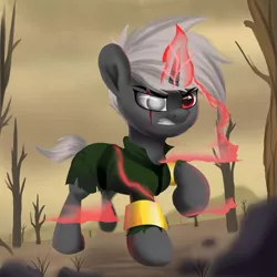 Size: 1280x1280 | Tagged: safe, artist:joaothejohn, derpibooru import, oc, oc:hunter, pony, unicorn, fallout equestria, angry, blind eye, desert, fallout, horn, image, jewelry, jpeg, magic, ring, rock, running, scar, solo, tree, unicorn oc