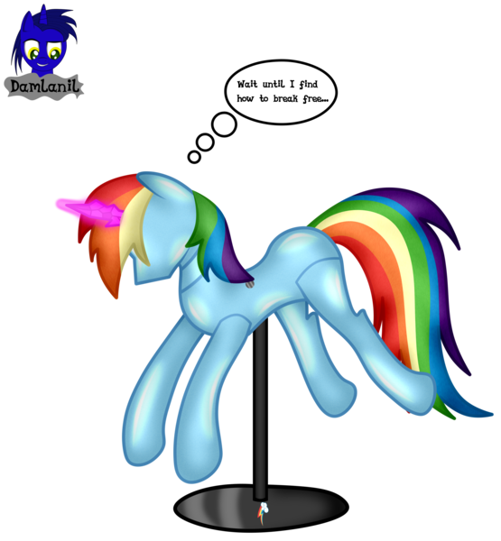 Size: 3840x4154 | Tagged: safe, artist:damlanil, derpibooru import, rainbow dash, pegasus, pony, bondage, clothes, collar, comic, crystal horn, encasement, fake horn, female, horn, i have no mouth and i must scream, image, inanimate tf, latex, link in description, magic, magic aura, mannequin, mannequin tf, mare, no mouth, objectification, pedestal, petrification, png, ponyquin, rubber, shiny, show accurate, simple background, solo, speech bubble, text, transformation, transparent background, vector
