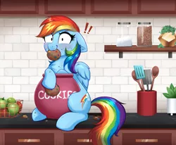 Size: 4000x3298 | Tagged: safe, artist:confetticakez, derpibooru import, rainbow dash, pegasus, pony, !!!, apple, blushing, caught, chest fluff, cookie, cookie jar, cute, dashabetes, eating, exclamation point, female, floppy ears, food, image, jar, kitchen, mare, png, solo, spatula, spoon