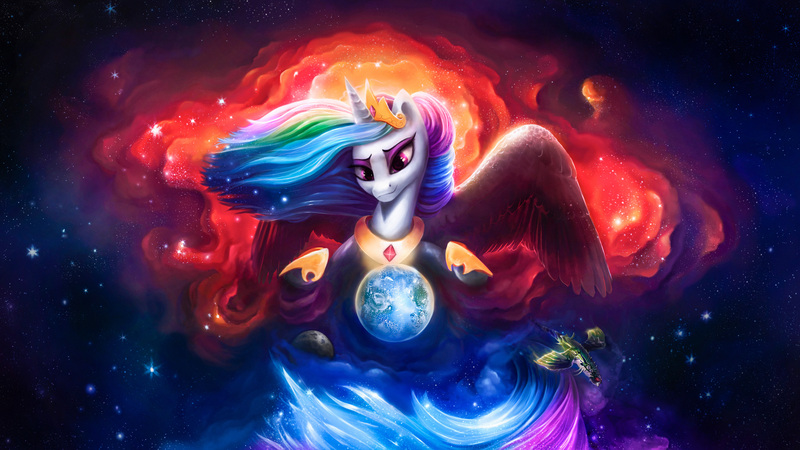 Size: 7096x3992 | Tagged: safe, artist:stdeadra, derpibooru import, princess celestia, alicorn, pony, earth, image, jpeg, macrophilia, magic, moon, solo, space, stellaris, tail