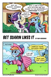 Size: 1280x1921 | Tagged: safe, artist:pony-berserker, derpibooru import, rainbow dash, rarity, pegasus, pony, unicorn, wonderbolts academy, annoyed, clothes, comic, dress, dressage, female, hat, image, implied shipping, implied soarindash, implied spitfire, implied straight, jpeg, male, mare, offscreen character, offscreen male, peeved, punishment, rainbow dash always dresses in style, sad, speech bubble, tomboy taming