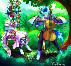Size: 3184x2946 | Tagged: safe, artist:cali luminos, derpibooru import, oc, oc:dusk cello, oc:opal brona, unofficial characters only, anthro, bat, bat pony, snake, clothes, cute, dress, duo, female, garden, image, jpeg, male, swing, tree
