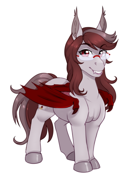 Size: 2365x3200 | Tagged: safe, artist:askbubblelee, derpibooru import, oc, oc:scarlet quill, unofficial characters only, bat pony, pony, bat pony oc, bat wings, digital art, fangs, female, folded wings, gift art, glasses, happy, image, mare, png, red eyes, simple background, slit pupils, smiling, solo, transparent background, wings