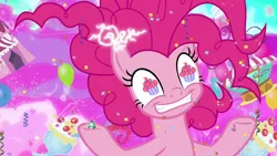 Size: 1280x720 | Tagged: safe, derpibooru import, screencap, pinkie pie, earth pony, pony, the ending of the end, bell, chaos pinkie, female, giant pony, grogar's bell, image, macro, mare, png, powered up, solo