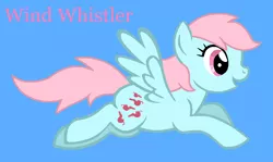 Size: 846x505 | Tagged: safe, artist:jigglewiggleinthepigglywiggle, derpibooru import, wind whistler, pegasus, pony, base used, blue background, cute, female, flying, full body, g1, g1 to g4, g4, generation leap, hooves, image, like rainbow dash, mare, open mouth, open smile, pink eyes, pink hair, pink mane, pink tail, pink text, png, simple background, smiling, tail, text, whistlerbetes, wind whistler can fly