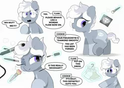 Size: 3035x2150 | Tagged: safe, alternate version, artist:mochi_nation, derpibooru import, oc, oc:silver bolt, unofficial characters only, earth pony, pony, clothes, comic, curling iron, dialogue, dress, english, engrish, eyeshadow, fake cutie mark, image, jpeg, makeup, offscreen character, simple background, solo, translation, white background