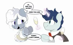 Size: 2437x1505 | Tagged: safe, artist:mochi_nation, derpibooru import, oc, oc:silver bolt, unofficial characters only, earth pony, pony, unicorn, alcohol, bowtie, champagne, champagne glass, clothes, dress, duo, eye clipping through hair, female, image, jpeg, levitation, magic, male, mare, simple background, stallion, telekinesis, white background, wine