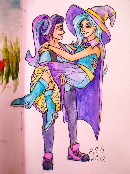 Size: 960x1280 | Tagged: safe, artist:elisdoominika, derpibooru import, starlight glimmer, trixie, human, equestria girls, arms around neck, belt, boots, bridal carry, cape, carrying, clothes, couple, dress, hat, humanized, image, jpeg, looking at each other, looking at someone, pants, shirt, shoes, smiling, smiling at each other, smirk, sneakers, t-shirt, traditional art, trixie's cape, trixie's hat, watercolor painting