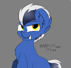 Size: 1135x1087 | Tagged: safe, artist:lunastaralight, derpibooru import, oc, unofficial characters only, earth pony, pony, ear fluff, earth pony oc, fanart, gray background, grin, image, png, signature, simple background, smiling, solo, two toned mane