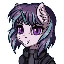 Size: 2000x2000 | Tagged: safe, artist:eltaile, derpibooru import, starlight glimmer, pony, unicorn, bust, clothes, cosplay, costume, crossover, cyberpunk, female, ghost in the shell, image, mare, motoko kusanagi, png, portrait, simple background, smiling, solo, transparent background
