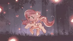 Size: 1647x927 | Tagged: safe, alternate version, artist:mirroredsea, derpibooru import, fluttershy, firefly (insect), insect, pegasus, pony, cute, eyes closed, female, filly, filly fluttershy, foal, folded wings, forest, image, jpeg, night, open mouth, outdoors, prancing, profile, scenery, shyabetes, smiling, solo, tree, wings, younger
