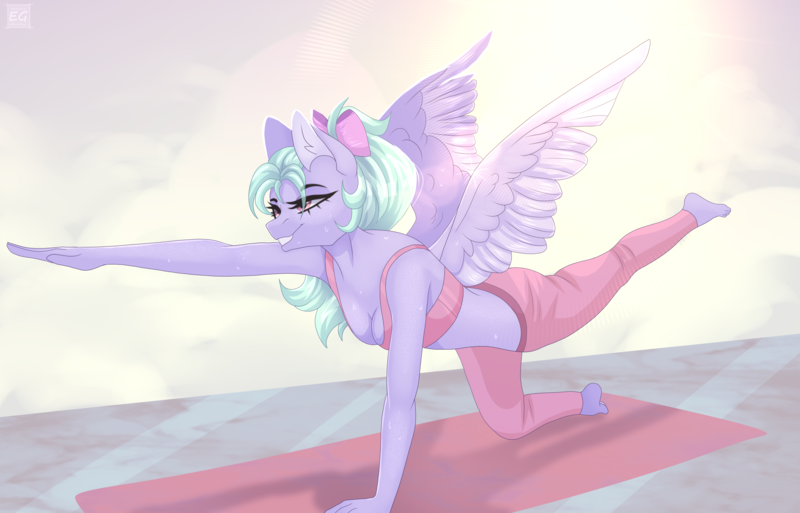 Size: 5483x3515 | Tagged: suggestive, artist:elektra-gertly, derpibooru import, flitter, anthro, pegasus, plantigrade anthro, barefoot, breasts, busty flitter, cleavage, clothes, feet, image, midriff, pants, png, sports bra, spread wings, sweat, wings, yoga mat, yoga pants