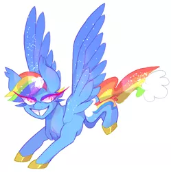 Size: 626x628 | Tagged: safe, artist:seabeescribbles, derpibooru import, rainbow dash, pegasus, pony, alternate design, colored hooves, eye clipping through hair, flying, gold hooves, grin, hooves, image, png, smiling, solo, spread wings, wings