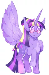 Size: 545x825 | Tagged: safe, artist:seabeescribbles, derpibooru import, twilight sparkle, twilight sparkle (alicorn), alicorn, pony, alternate design, female, glasses, image, mare, one wing out, png, simple background, solo, twitterina design, white background, wings