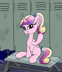 Size: 3600x4200 | Tagged: safe, artist:littlenaughtypony, derpibooru import, princess cadance, alicorn, pony, bench, canterlot wedding 10th anniversary, cheerleader, cheerleader outfit, clothes, female, folded wings, gif, image, locker room, looking at you, mare, one eye closed, ponytail, sitting, smiling, solo, teen princess cadance, wings, wink, winking at you