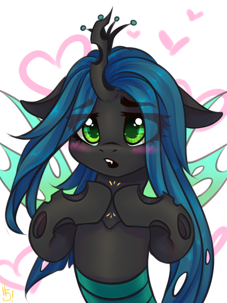 Size: 1200x1600 | Tagged: safe, artist:falafeljake, derpibooru import, queen chrysalis, changeling, changeling queen, canterlot wedding 10th anniversary, crown, cute, cutealis, fangs, female, floppy ears, heart, image, insect wings, jewelry, png, regalia, shy, simple background, solo, spread wings, white background, wings
