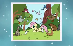 Size: 1920x1200 | Tagged: safe, derpibooru import, screencap, angel bunny, fluttershy, bird, butterfly, duck, insect, mouse, otter, pegasus, pony, season 1, the cutie mark chronicles, cute, episode, female, filly, filly fluttershy, fluttershy is sitting on the grass, foal, folded wings, forest, friendship, game screencap, image, jpeg, my little pony color my world, shyabetes, sitting, tree, wings, younger
