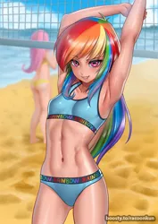 Size: 800x1132 | Tagged: suggestive, artist:racoonsan, derpibooru import, fluttershy, rainbow dash, human, abs, armpits, beach, bikini, bra, branded hem, breasts, clothes, delicious flat chest, humanized, image, jpeg, looking at you, panties, rainbow flat, solo focus, sports bra, sports panties, sports thong, stupid sexy rainbow dash, swimsuit, thong, underwear, volleyball net
