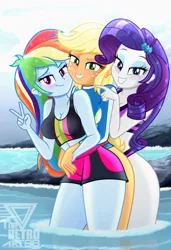Size: 1488x2170 | Tagged: safe, artist:theretroart88, derpibooru import, applejack, rainbow dash, rarity, equestria girls, blushing, breasts, busty applejack, busty rainbow dash, busty rarity, clothes, eyeshadow, female, grin, image, looking at you, makeup, peace sign, png, smiling, smiling at you, swimsuit, trio, trio female