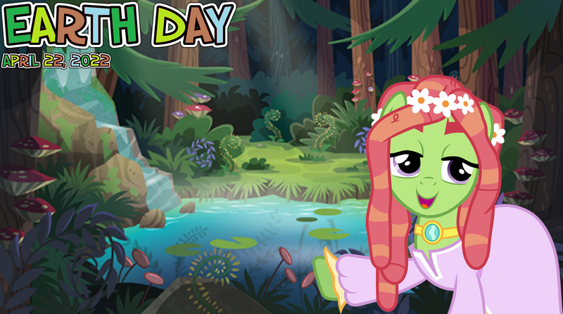 Size: 2064x1154 | Tagged: safe, artist:jeatz-axl, artist:not-yet-a-brony, derpibooru import, edit, tree hugger, earth pony, 2022, april, clothes, dress, earth day, floral head wreath, flower, forest, hippie, image, png, pond, spring, tree, water, waterfall