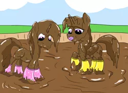 Size: 2200x1600 | Tagged: safe, artist:amateur-draw, derpibooru import, twilight sparkle, twilight sparkle (alicorn), oc, oc:belle boue, alicorn, pony, unicorn, boots, clothes, covered in mud, female, image, male, mare, mud, mud bath, mud play, mud pony, muddy, png, rain boots, request, requested art, shoes, simple background, stallion, wellies, wet and messy