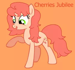 Size: 946x889 | Tagged: safe, artist:jigglewiggleinthepigglywiggle, derpibooru import, cherries jubilee, earth pony, pony, cherries cuteilee, cute, female, g1, g1 to g4, g4, generation leap, image, mare, open mouth, open smile, orange background, orange text, png, raised arm, raised leg, simple background, smiling, solo, text