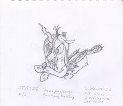 Size: 1763x1523 | Tagged: safe, artist:pink amena, derpibooru import, queen chrysalis, changeling, changeling larva, changeling queen, atg 2016, canterlot wedding 10th anniversary, female, image, mommy chrissy, monochrome, newbie artist training grounds, pencil drawing, png, traditional art
