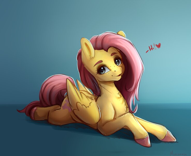 Size: 3336x2716 | Tagged: safe, artist:miokomata, derpibooru import, fluttershy, pegasus, pony, cute, female, freckles, freckleshy, image, jpeg, lying down, mare, prone, shyabetes, solo, talking to viewer