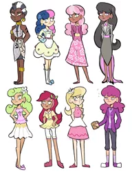 Size: 3637x4736 | Tagged: safe, artist:charrlll, derpibooru import, berry punch, berryshine, bon bon, cheerilee, daisy, flower wishes, lily, lily valley, octavia melody, roseluck, sweetie drops, zecora, human, alcohol, belt, bowtie, bracelet, choker, clothes, coat, converse, dark skin, dress, drunk, ear piercing, earring, eyeshadow, female, flats, flower, flower in hair, flower trio, humanized, image, jeans, jewelry, makeup, mug, neck rings, oven mitts, pants, piercing, png, shoes, shorts, simple background, skirt, socks, tattoo, v, white background